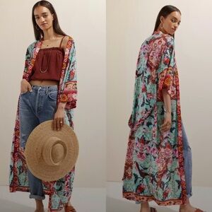 NWT ANTHRO Floral Kimono with Red and Pink Details